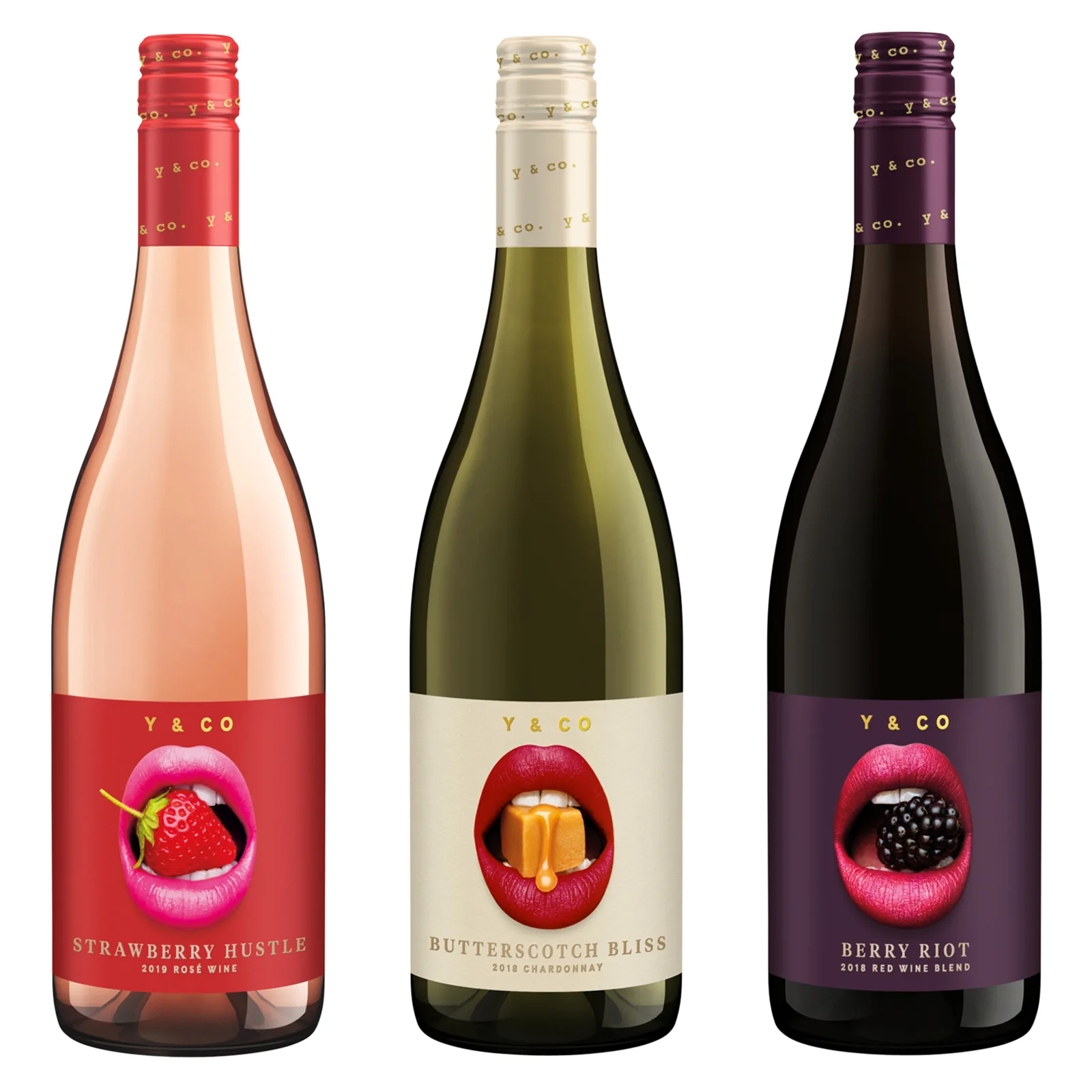 Y & Co Berry Riot Red Blend Butterscotch Bliss Chardonnay, & Strawberry Hustle Rose 750ml