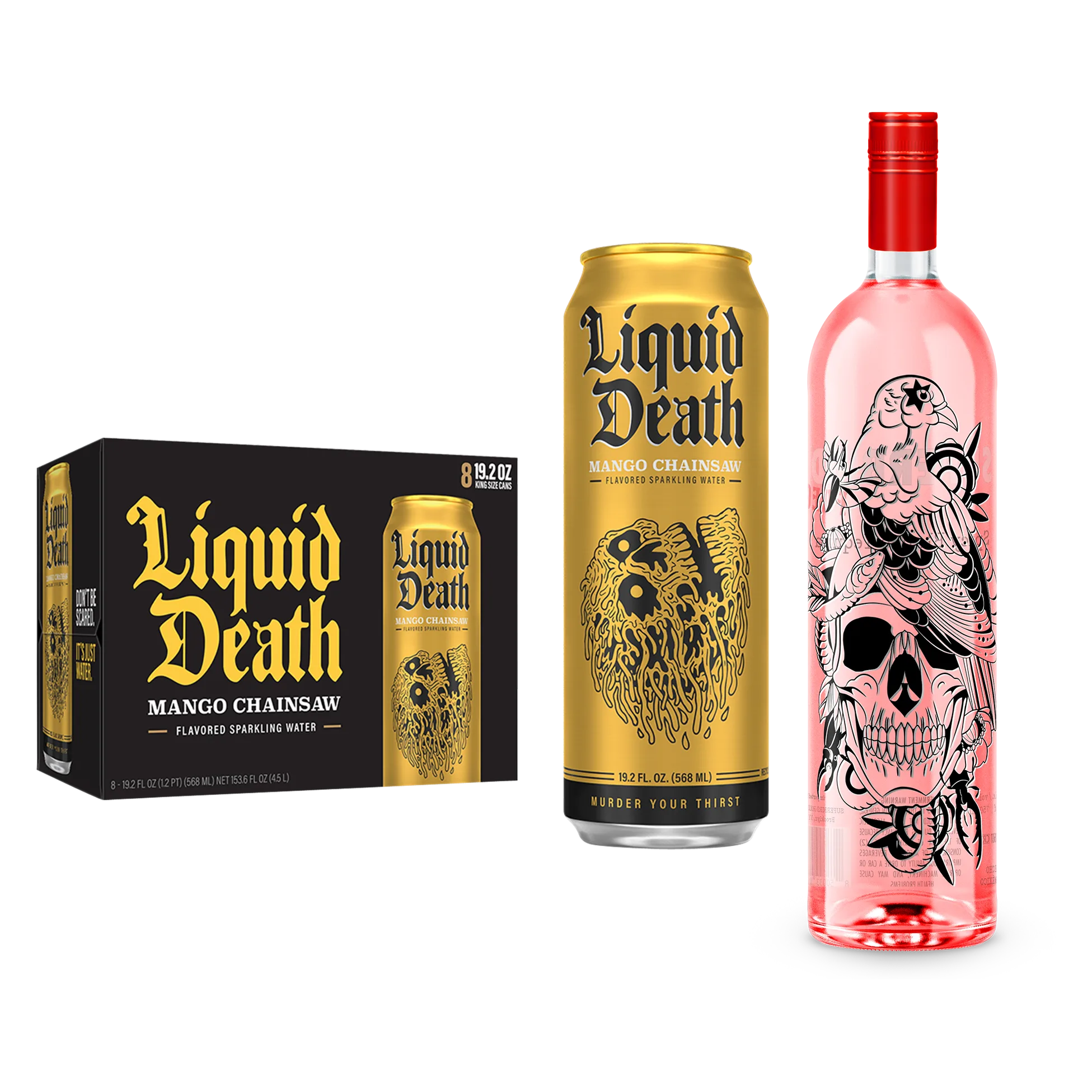 Superbird Spicy Tequila, Liquid Death Mango Chainsaw Sparkling Water 8pk 19.2 oz King Size Cans