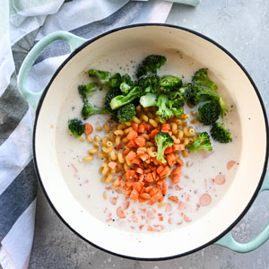 Image of Add the remaining milk, broth, dry noodles, broccoli and carrots.