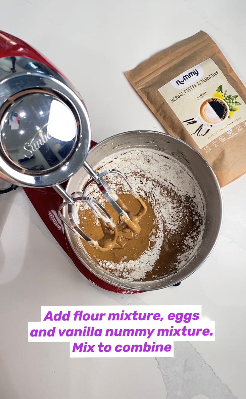 Image of Add flour mixture, eggs and vanilla nummy mixture and mix...