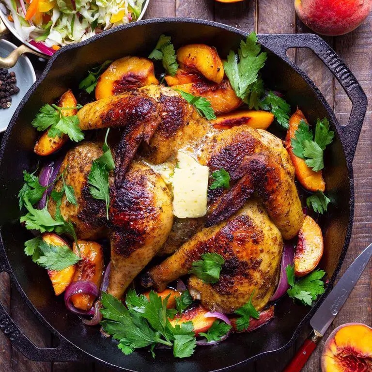 Photo of Spatchcocked Mama Manje Roast Chicken with Peaches & Herbs