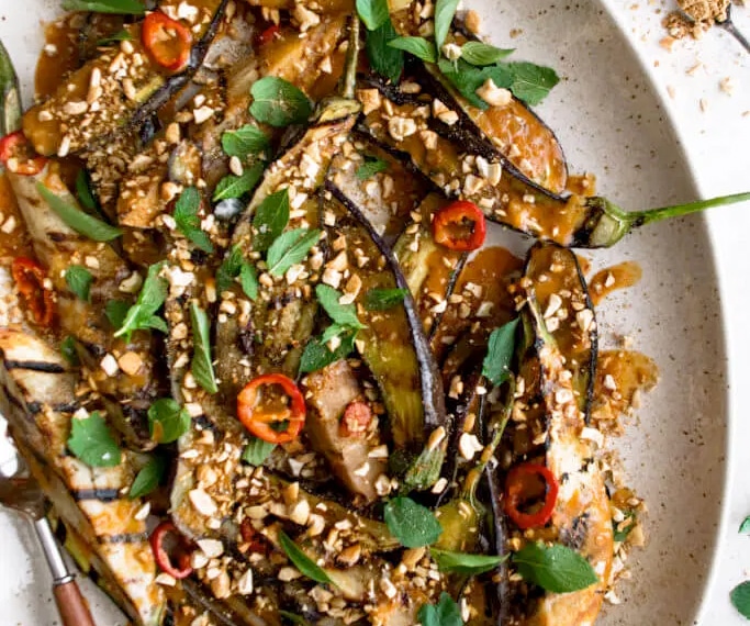 Photo of Grilled Eggplant with Red Curry Sauce & Spiced Cashews