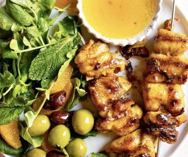 Photo of Moroccan Grilled Chicken Skewers with Orange, Olive & Mint Salad