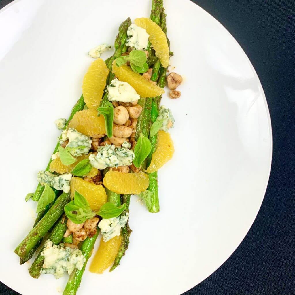 Photo of Asparagus with Orange, Blue Cheese and Hazelnuts