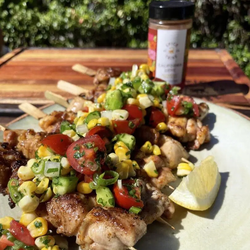 Photo of Chicken Skewers with Cherry Tomatoes, Corn, Cucumber & Scallion Relish