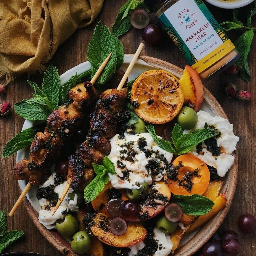 Photo of Chicken Skewers with Seared Summer Fruit and Burrata