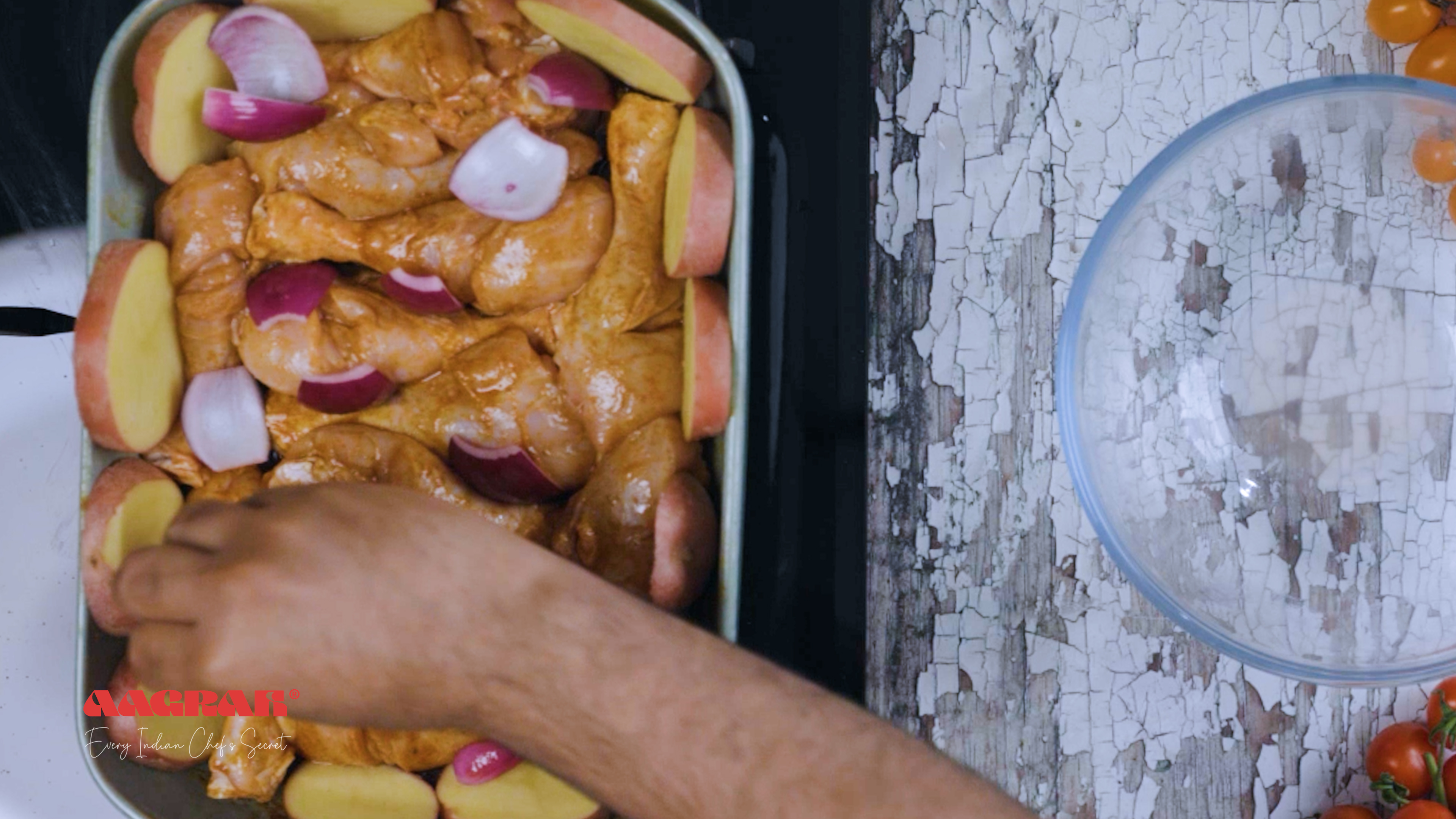 Image of Chop the onion into chunks and add to the tray