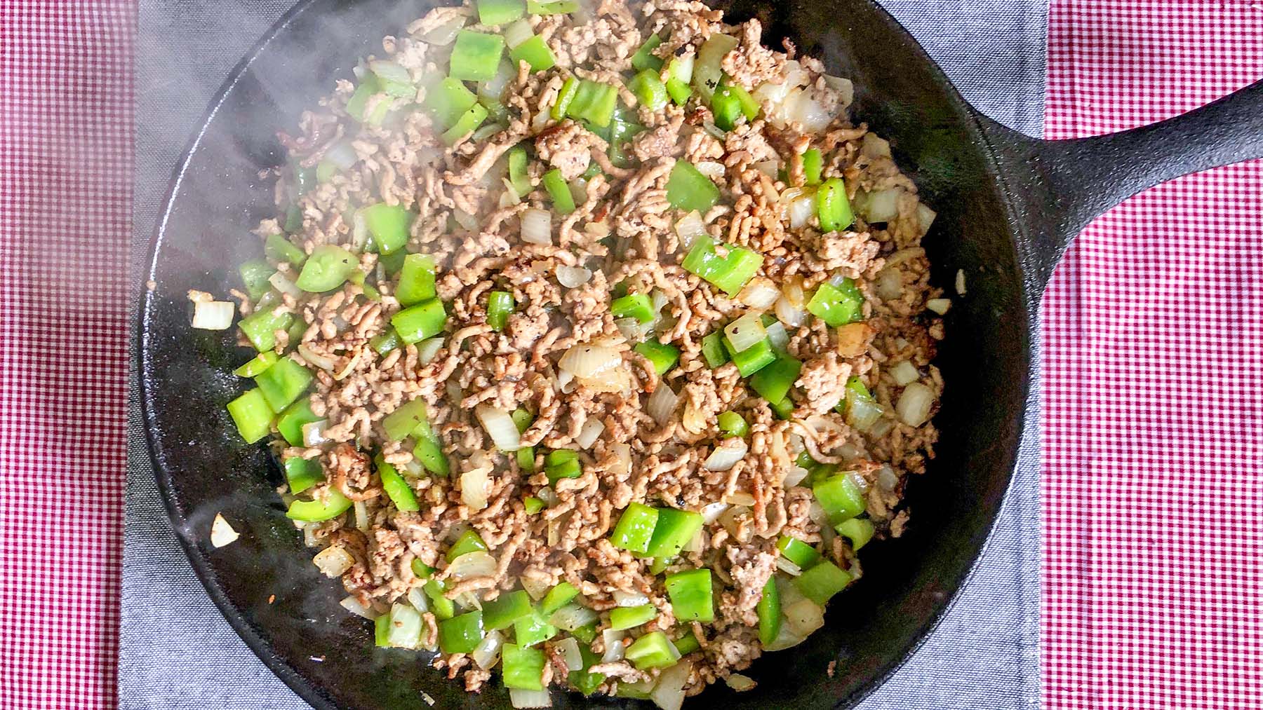 Image of Saute onion and pepper with beef and butter. Or cook...