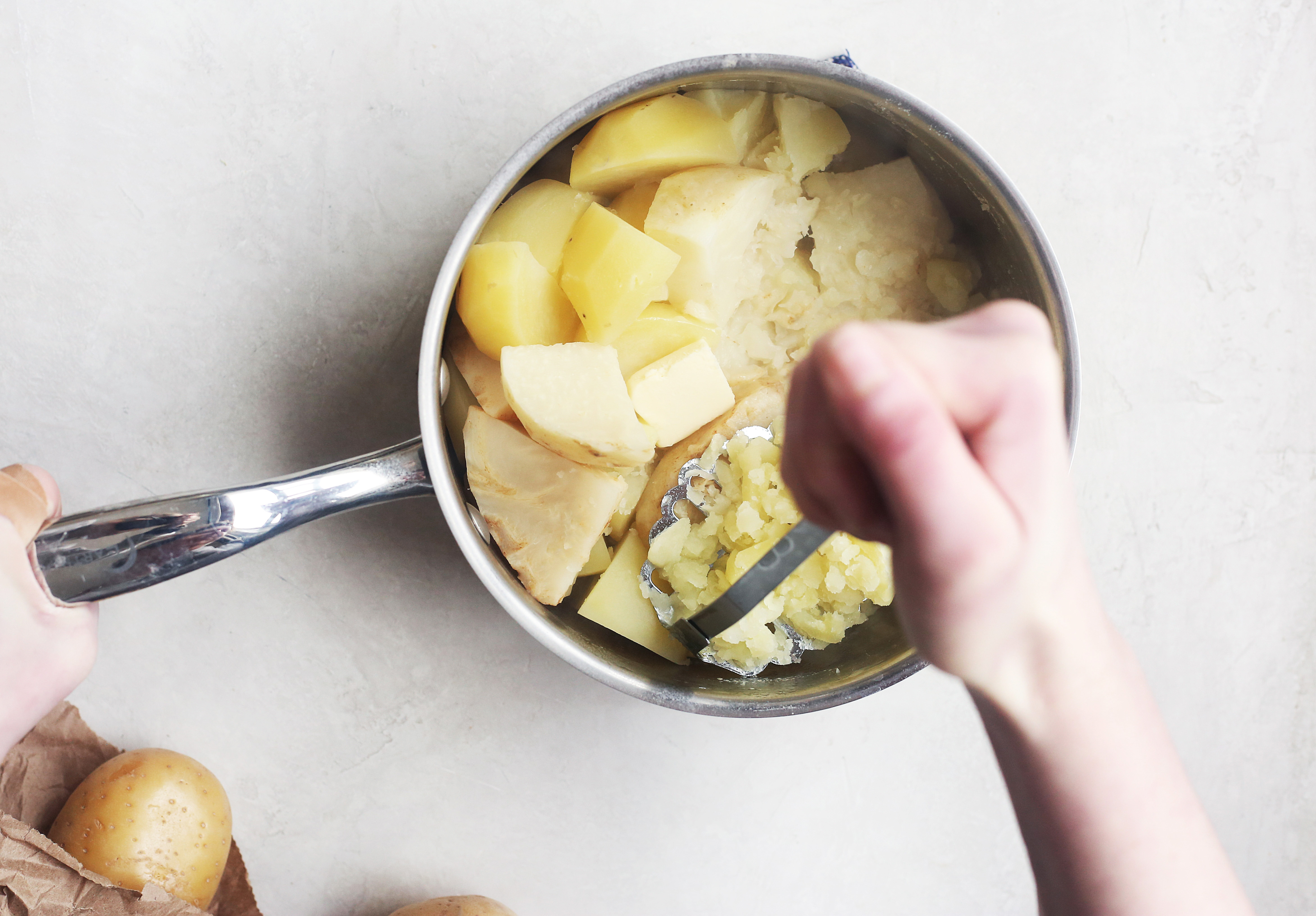 Image of Meanwhile, prepare the celeriac/potato topping. Add cubed celeriac and potatoes...