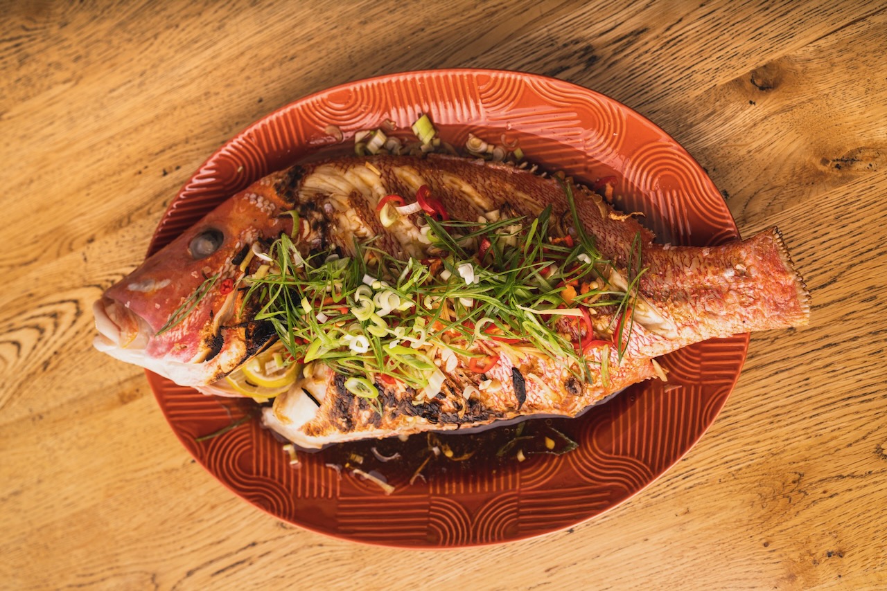 Whole roast fish with yuzu, ginger and lemongrass
