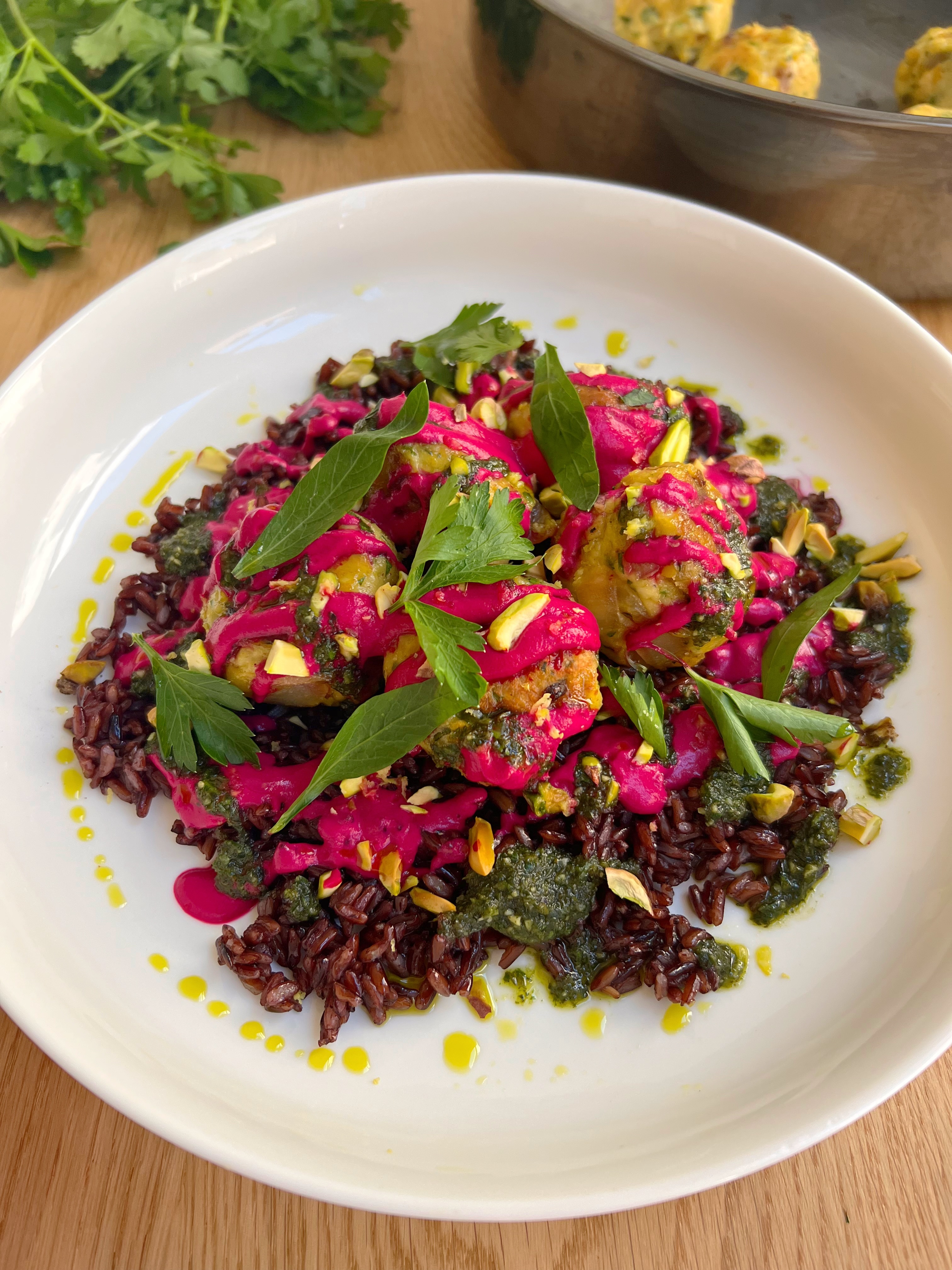 Falafel Chicken Meatballs with Beet Tahini