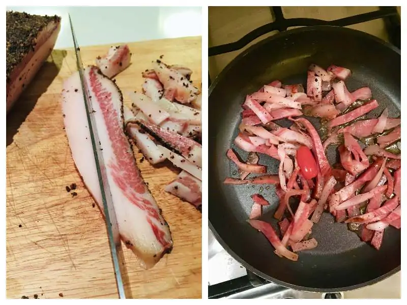 Image of Step 2) – Sauté the guanciale, turning it often with a wooden...