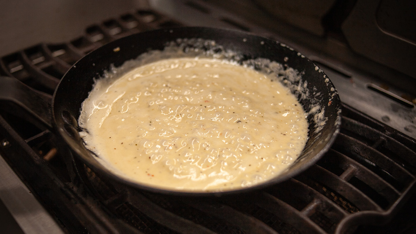 Image of While the burgers cook, melt garlic butter for the Alfredo...