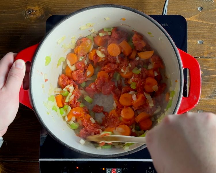 Image of Add strained tomatoes (but not the juice) and cook for...