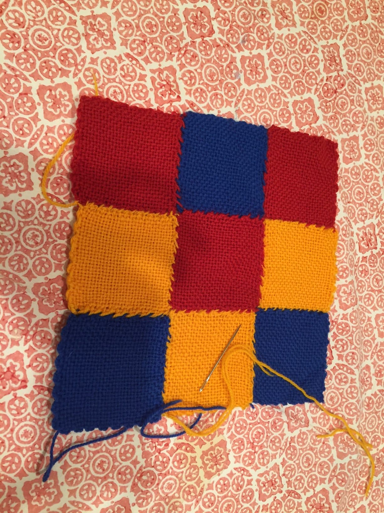 Image of When all squares are sewn together, use a loose end...