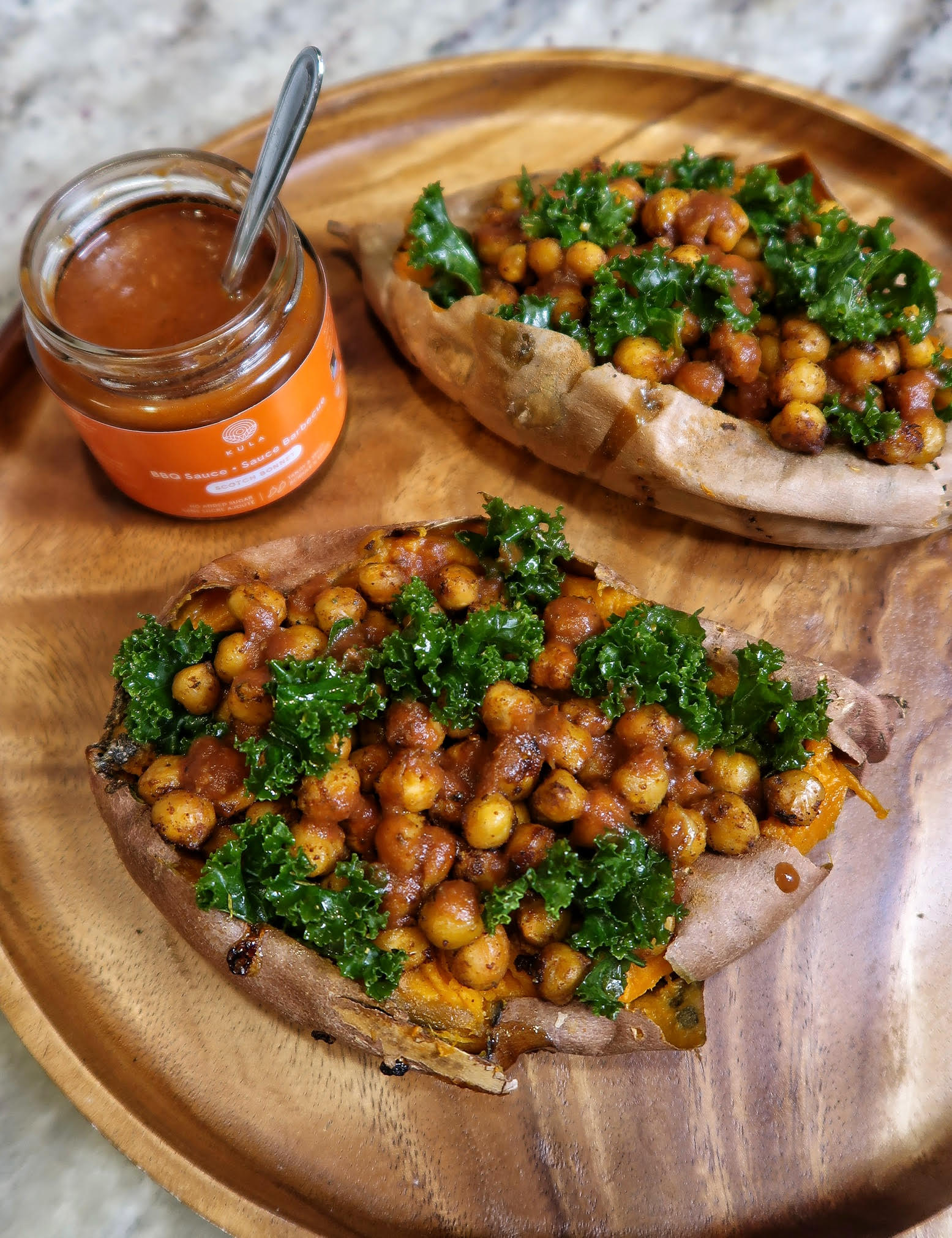 JERK CHICKPEA STUFFED SWEET POTATOES 