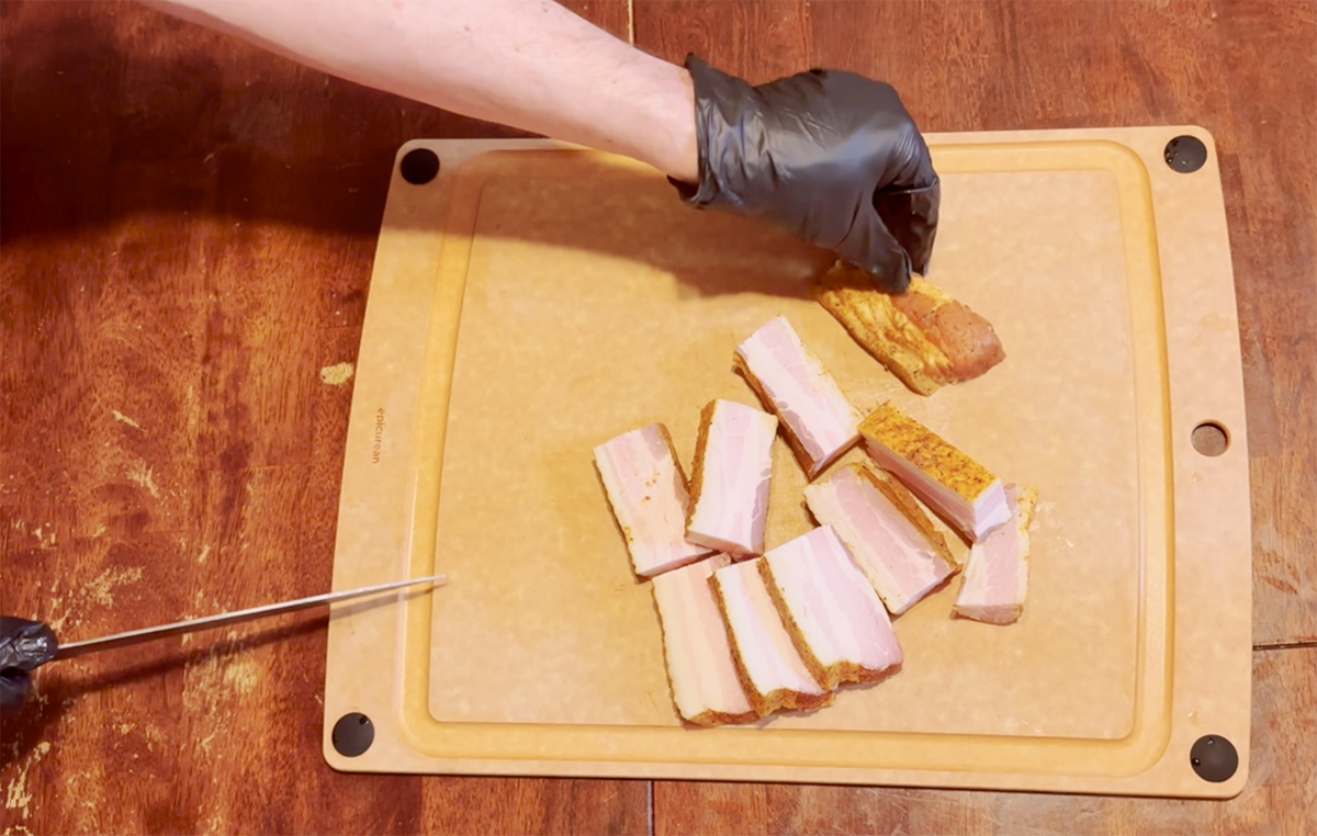 Image of Slice pork belly into 1 by 3 inch rectangles