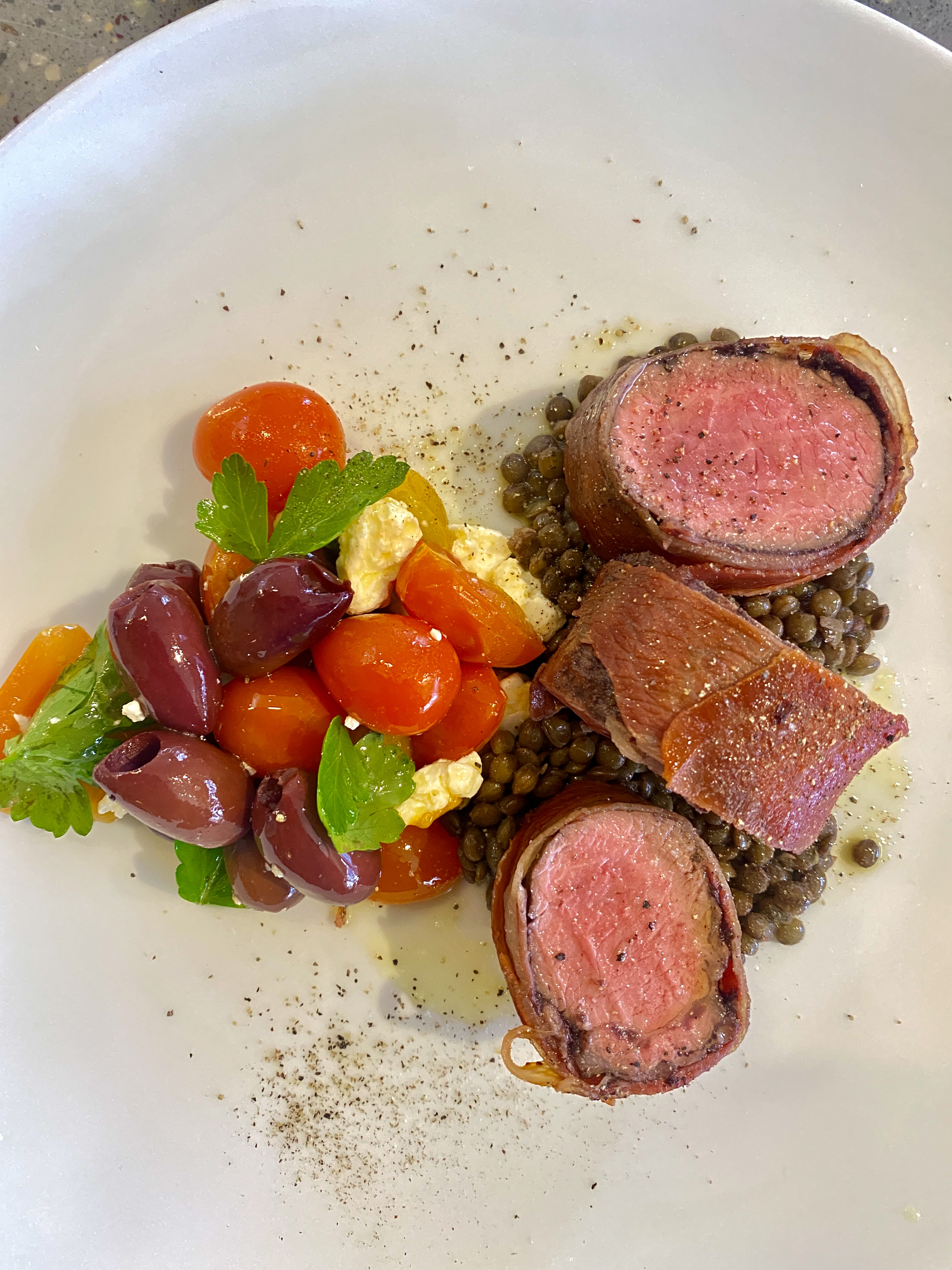 tapenade-roasted lamb with lentils & olive salad