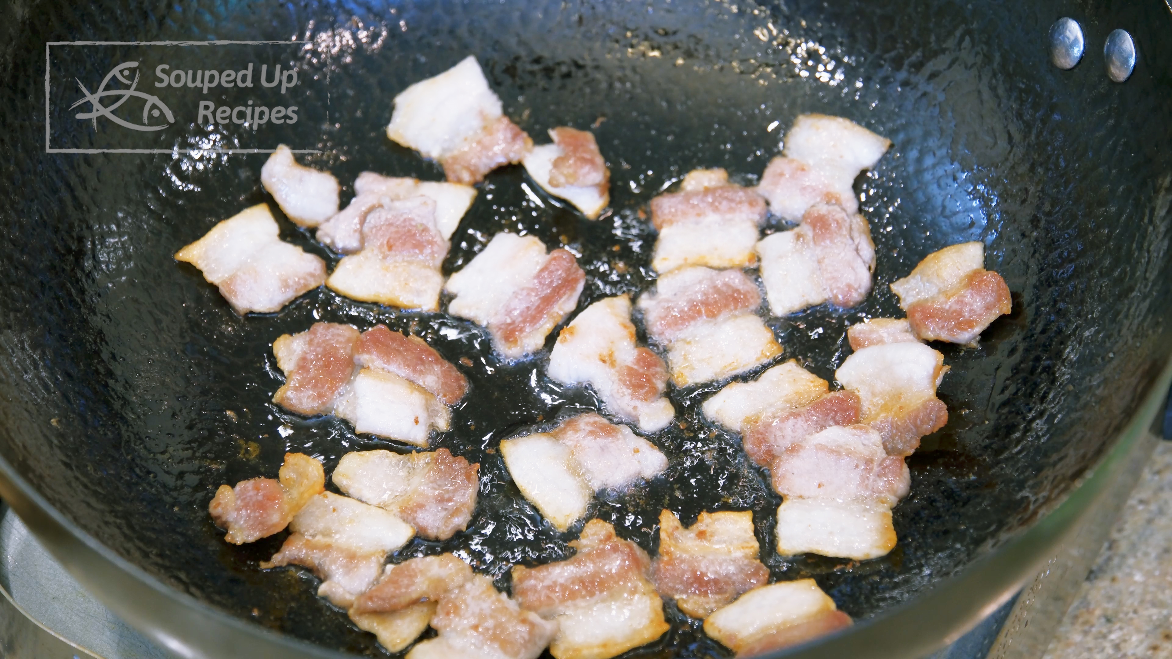Image of Add the pork belly slices into the wok and stir...