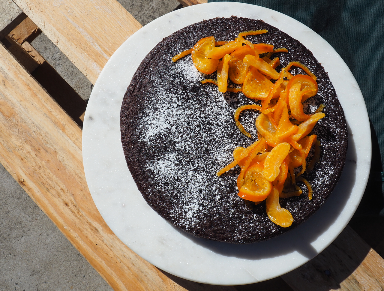 mandarin olive oil & chocolate cake with candied mandarin