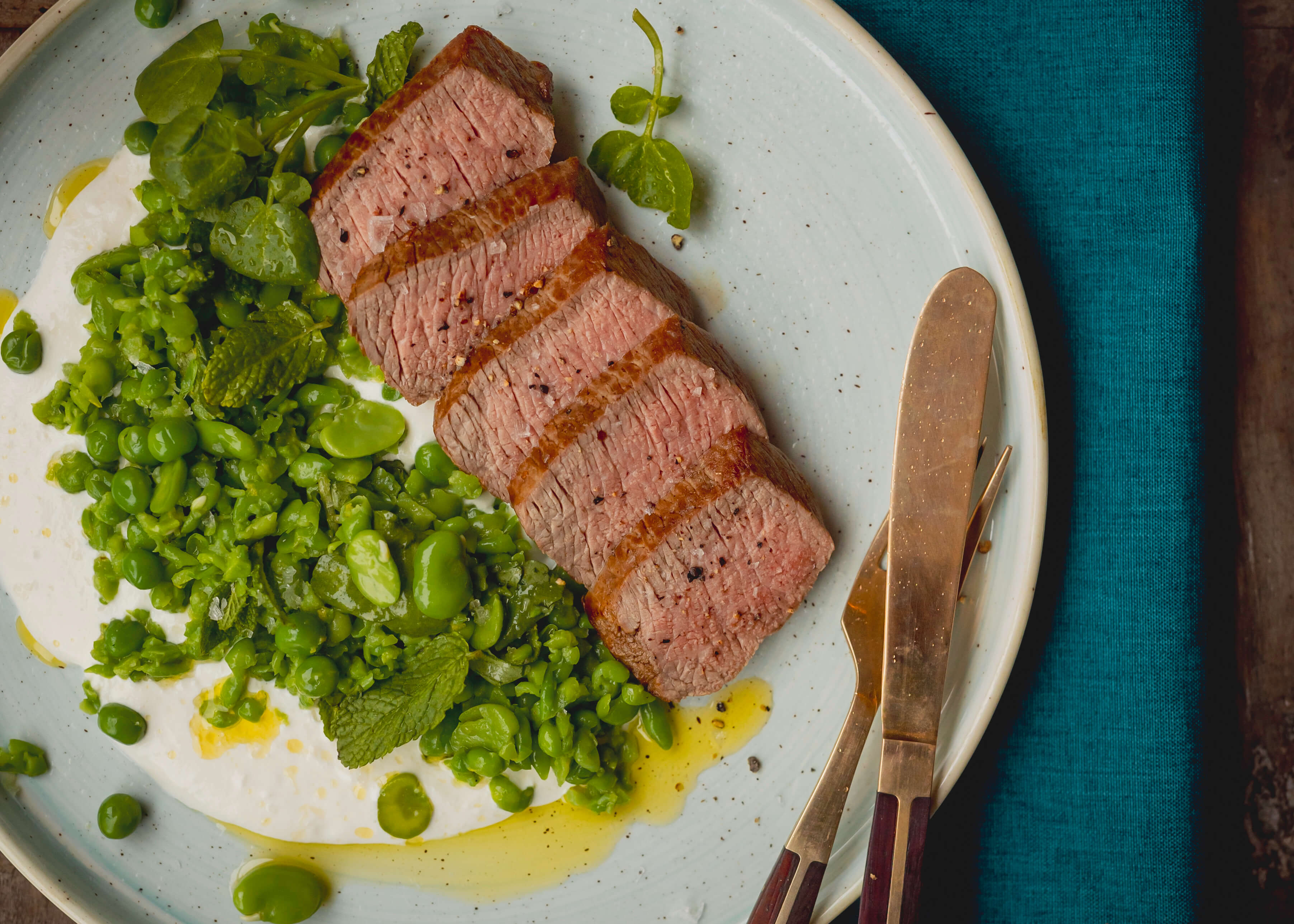 lamb fillets with whipped feta and crushed peas