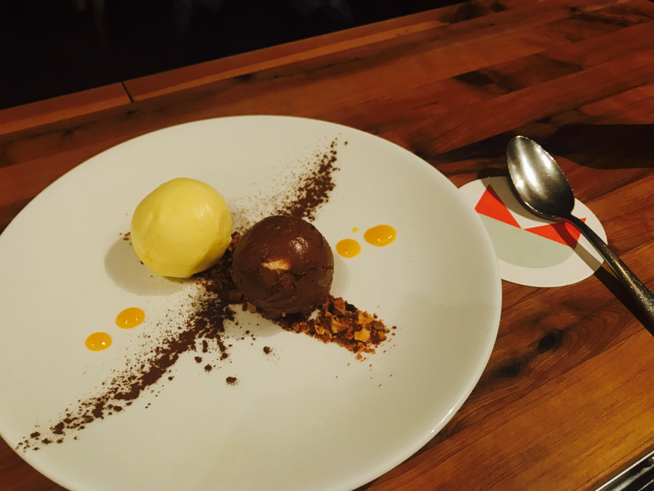 chocolate & olive oil semifreddo with caramel almonds