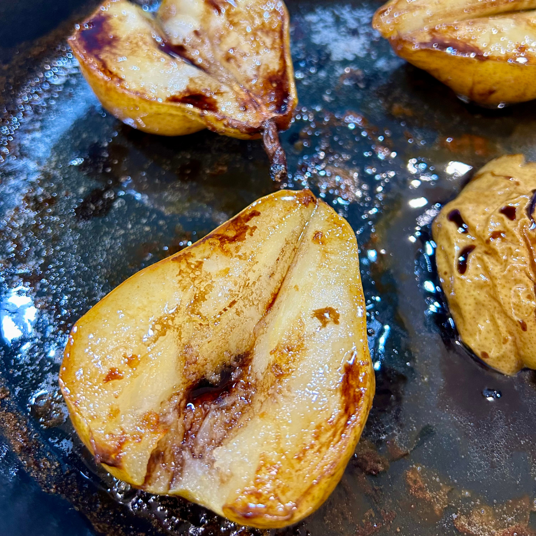 Image of Remove the pears from the oven and drizzle with 3...