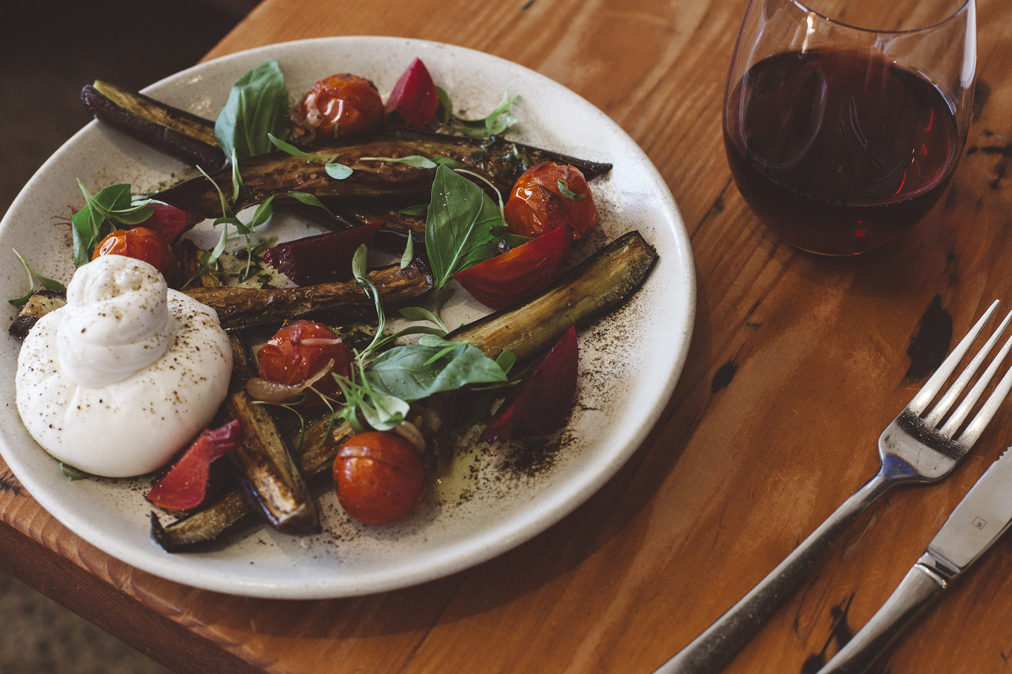 roasted eggplant & cherry tomatoes with burrata