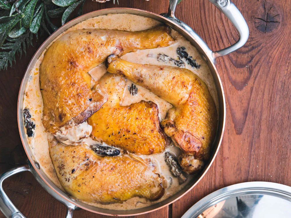 Chicken in wine with morels