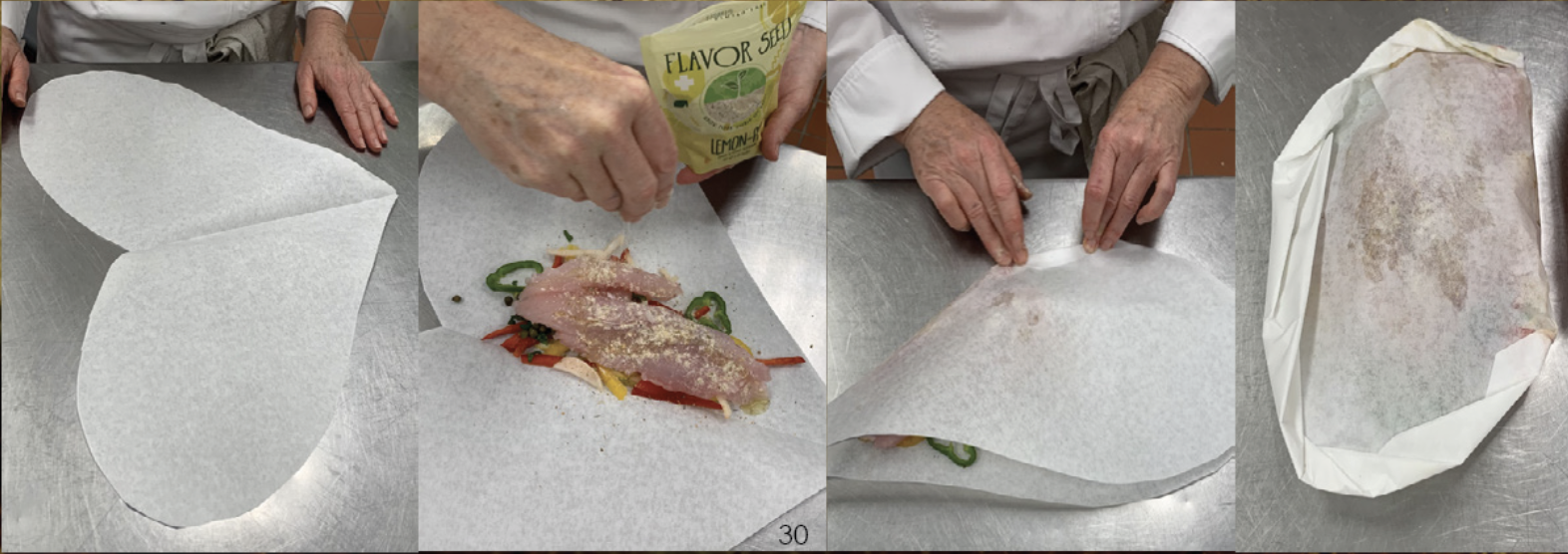 Image of Wrap in parchment paper starting with folding one side completely...