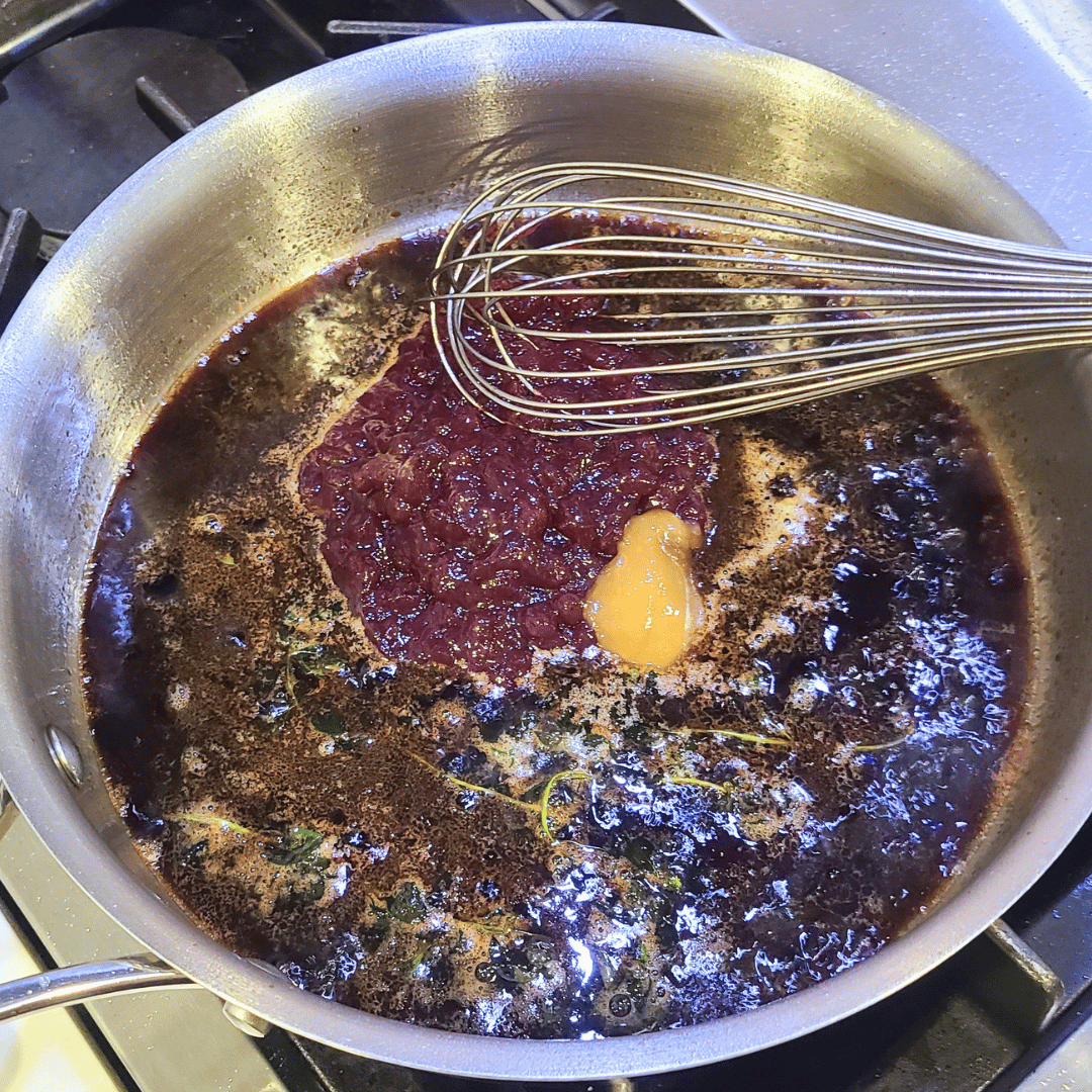 Image of Add lingonberry preserves, balsamic vinegar, and honey. Simmer on low...