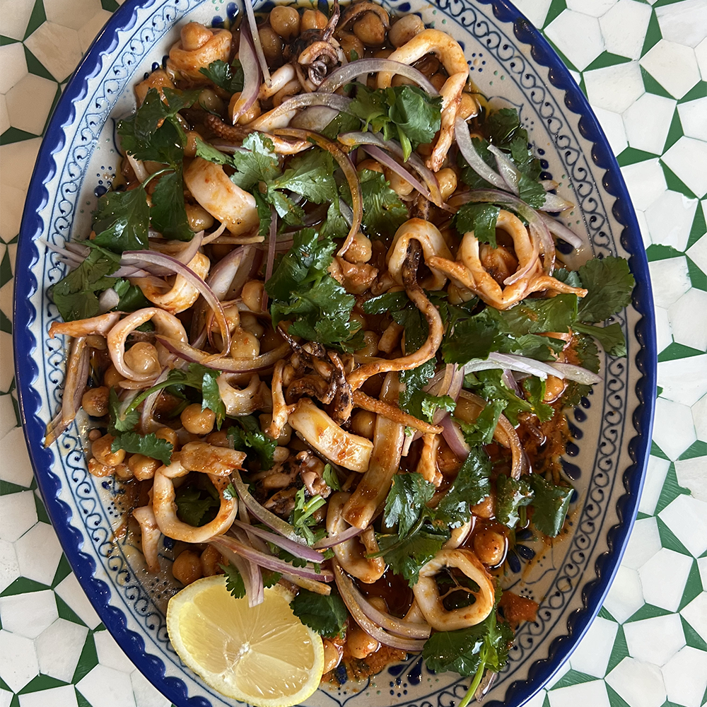 pink lake salt & pepper berry squid with harissa chickpeas