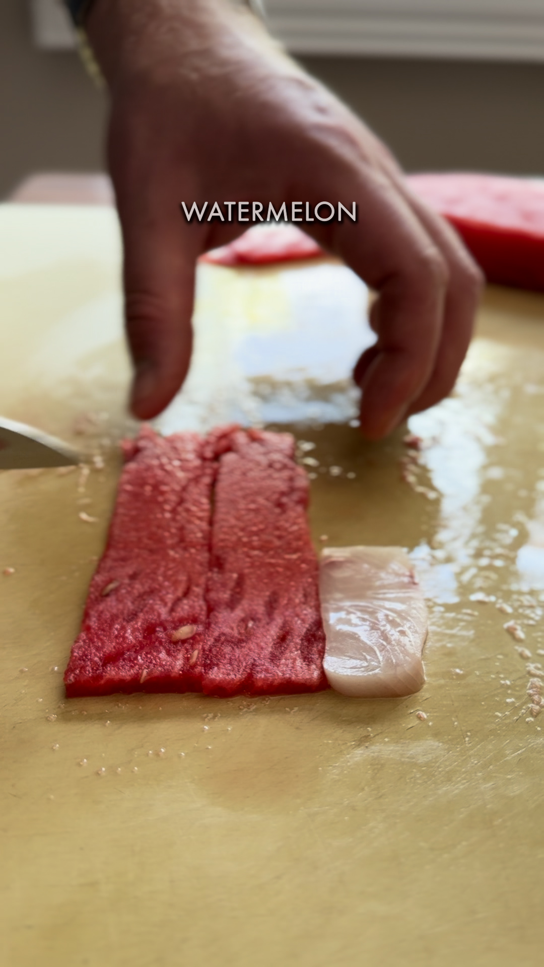 Image of Slice yellowtail and watermelon rectangles with the same thickness.