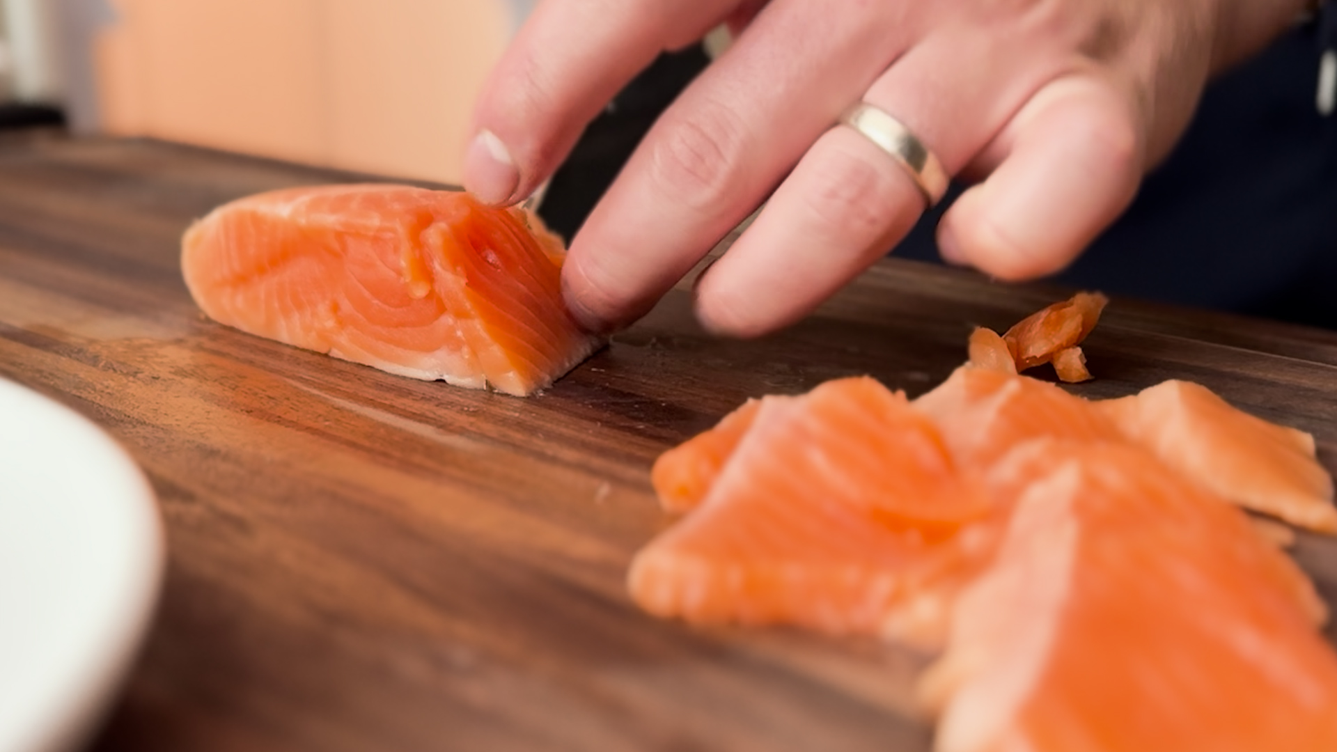 Image of Slice the King salmon in thick portions for sashimi