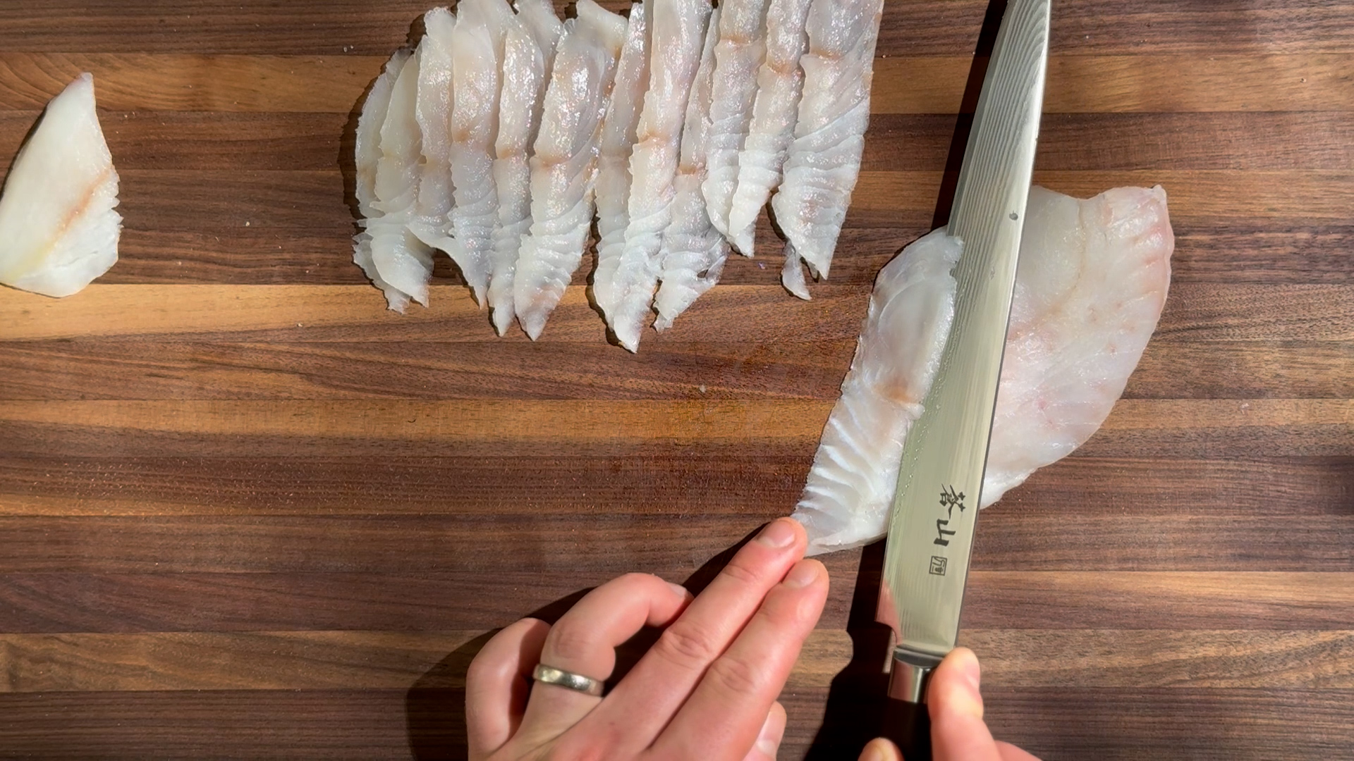 Image of Thinly Slice the Turbot: With a sharp knife, slice the...