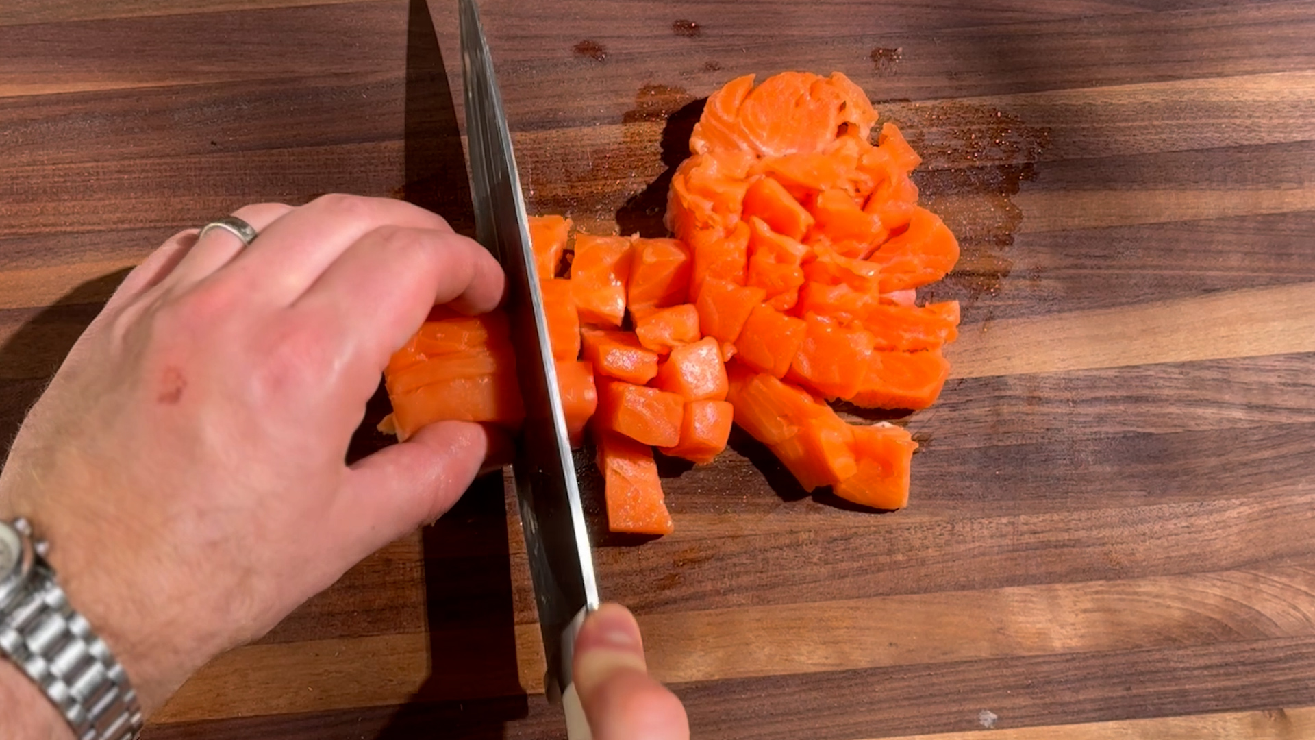 Image of Cube the Salmon: After slicing, cube the salmon evenly to...