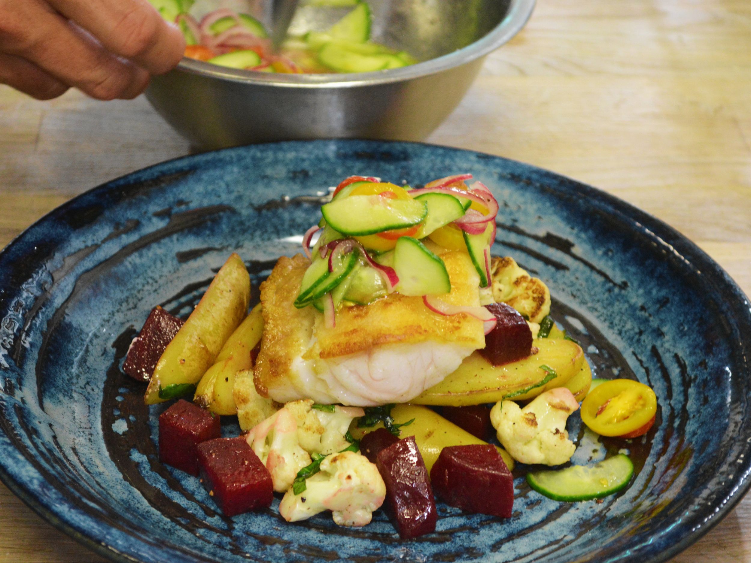 Image of Plate Vegetables then your seared Grey Tilefish on top.