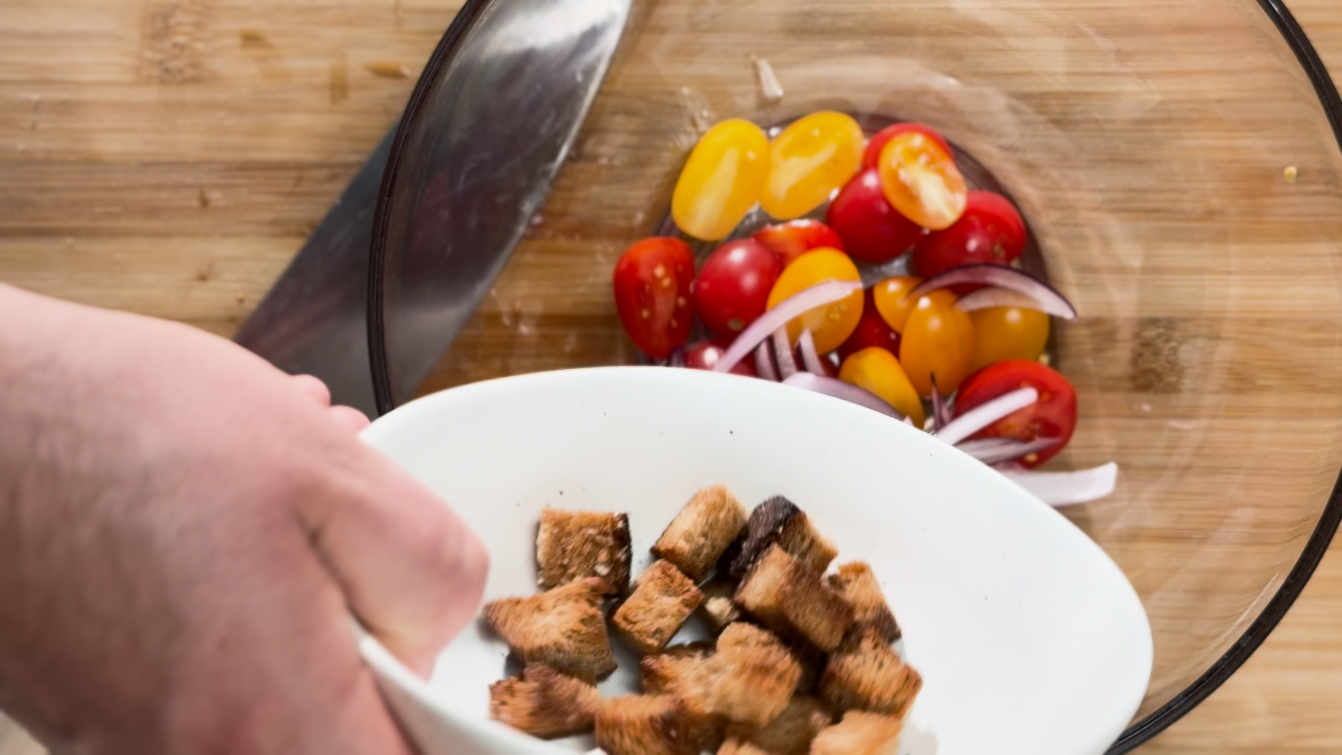 Image of Prepare the cherry tomato salad: In a medium bowl, halve...