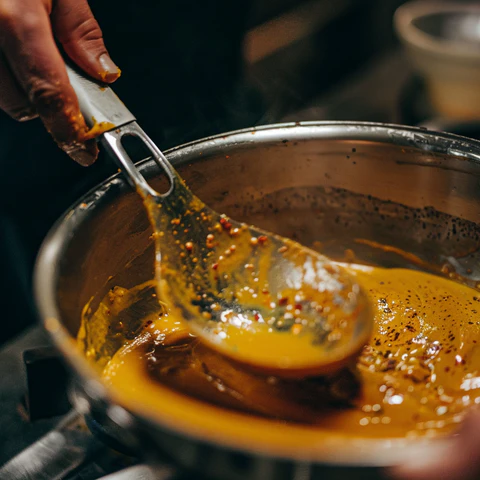 Image of Sauté minced ginger and garlic in coconut oil. Add curry...