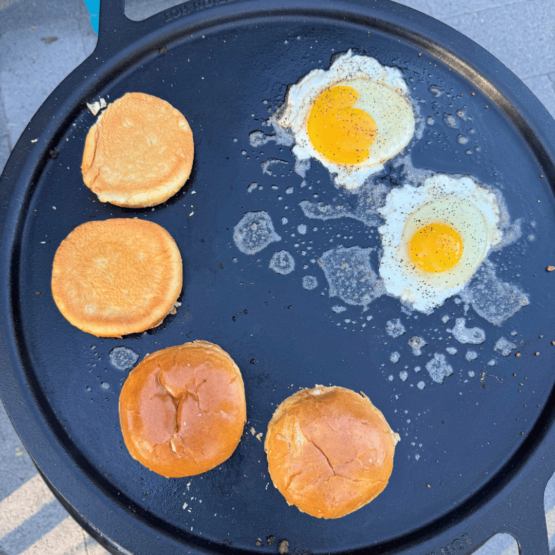 Image of Use the same cast iron to cook two eggs and...