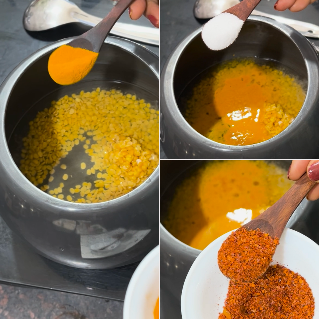 Image of Add the soaked dal to a pressure cooker along with...