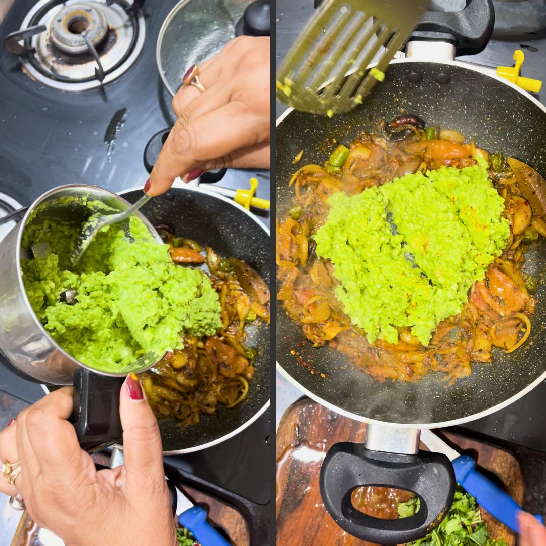 Image of Add the coarsely ground peas to the masala and mix...