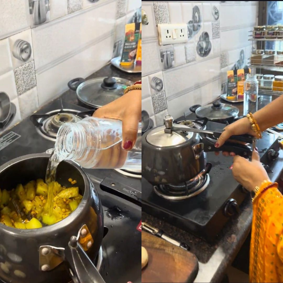 Image of Pour water into the cooker and close the lid. Pressure...