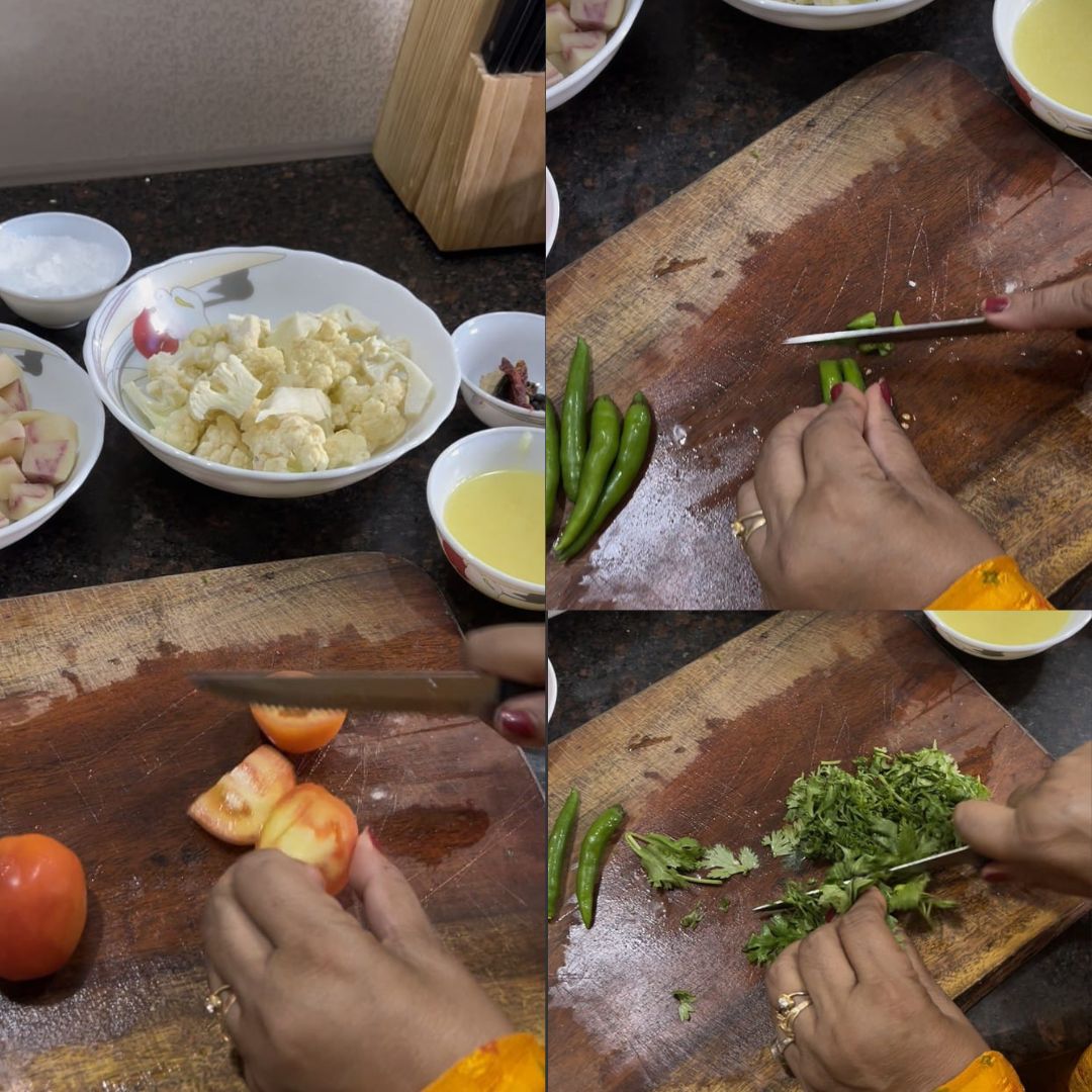 Image of Chop tomatoes, green chilies, ginger, and fresh coriander leaves for...