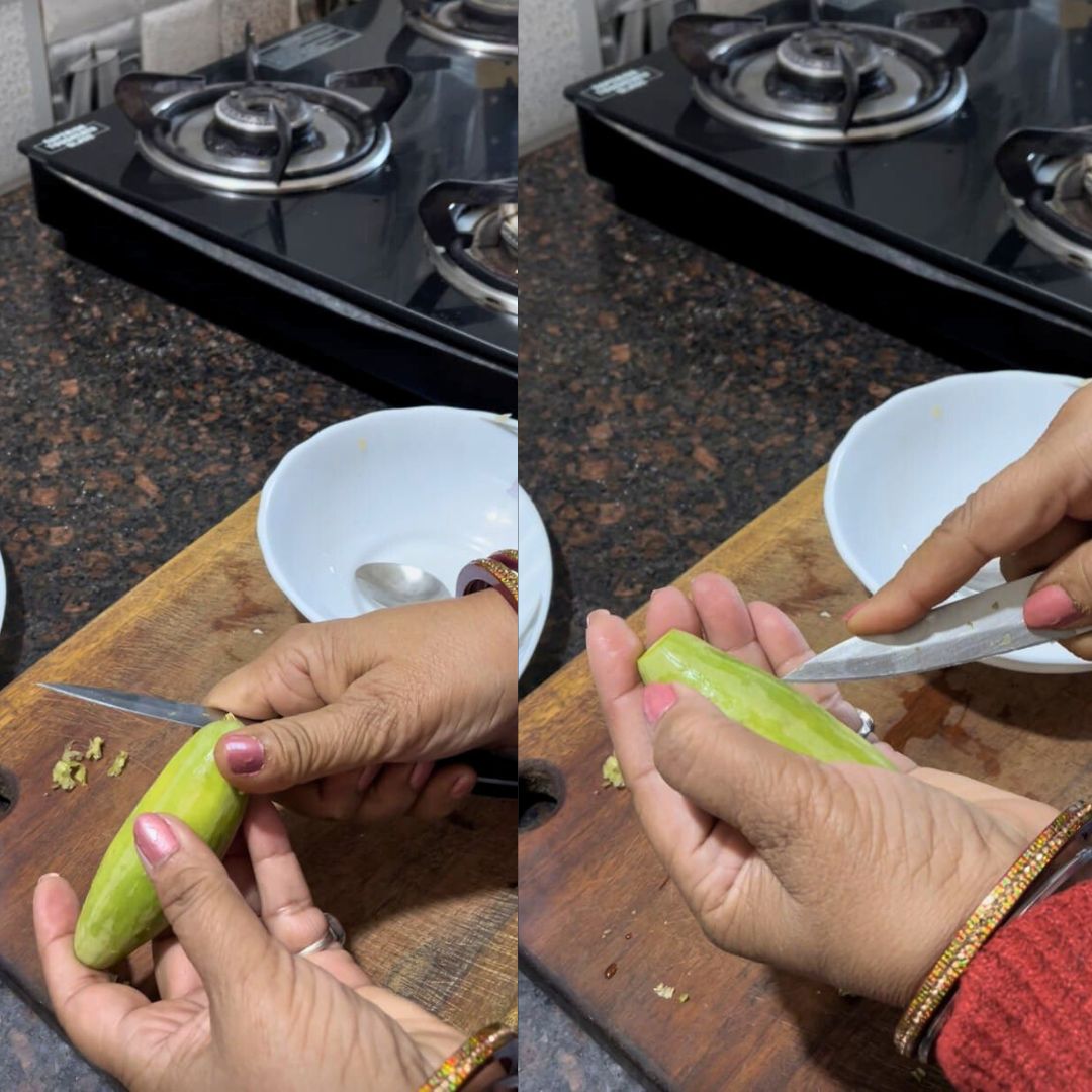 Image of Wash the pointed gourds thoroughly. Trim both ends and cut...