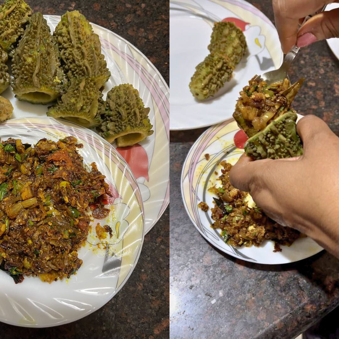 Image of Take each prepared karela and stuff it generously with the...