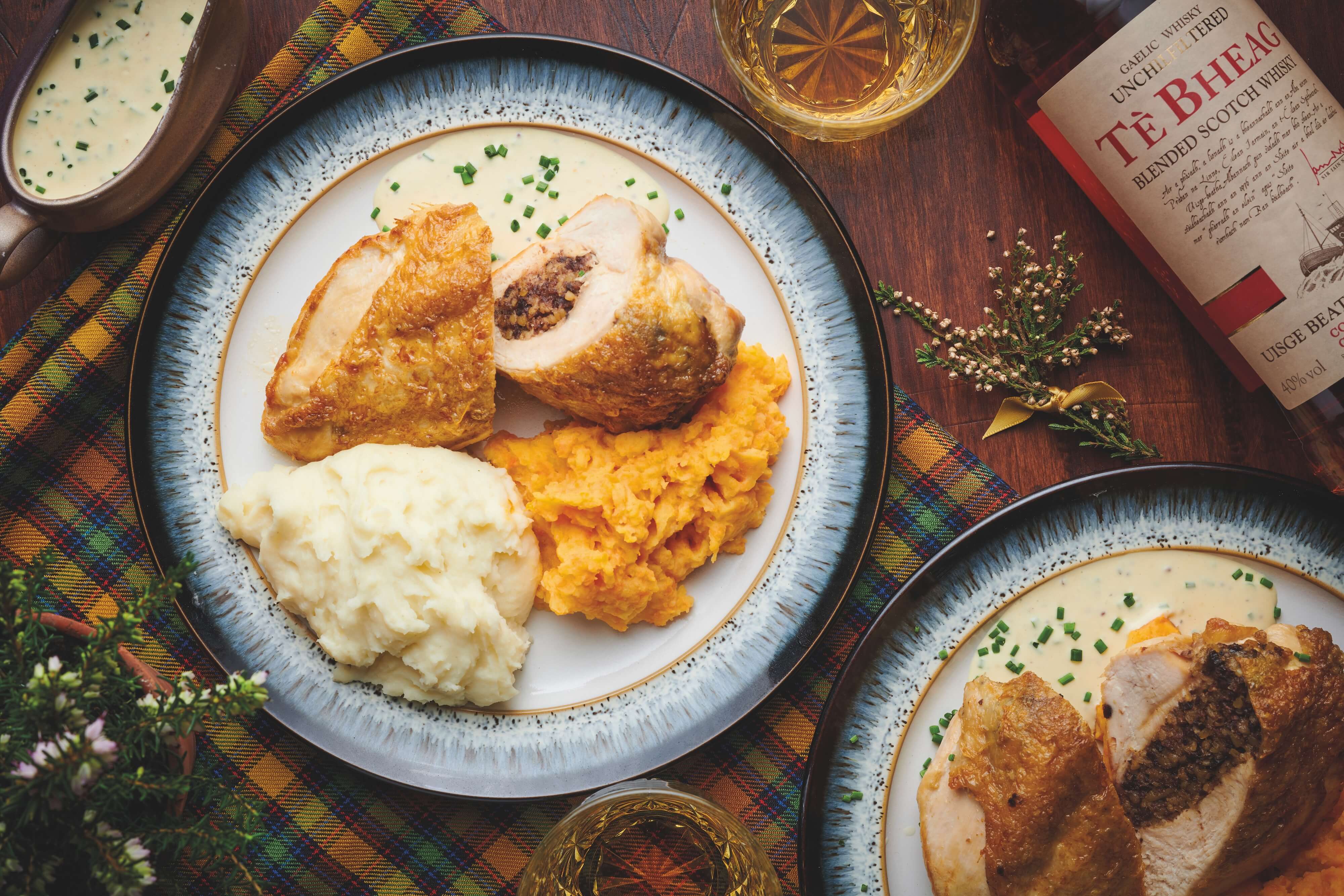 Chicken stuffed with haggis in a whisky sauce