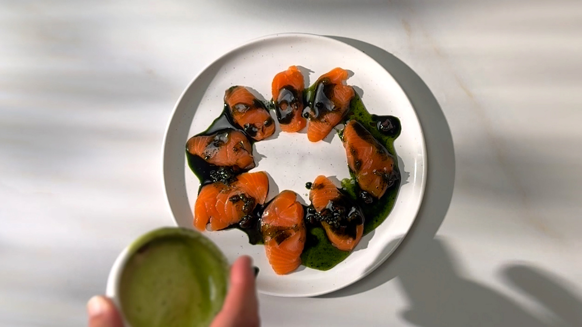 Image of Assemble the Dish: Arrange the steelhead slices in a star-shaped...