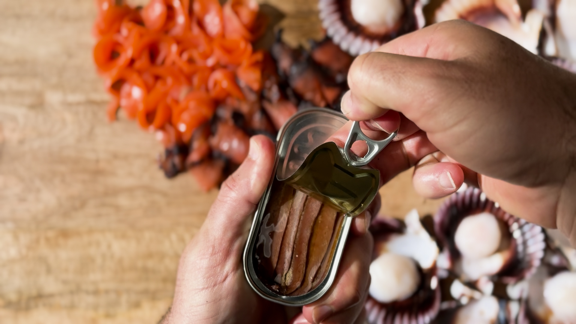 Image of Arrange the Tinned Fish: Open tinned anchovies and tinned salmon,...