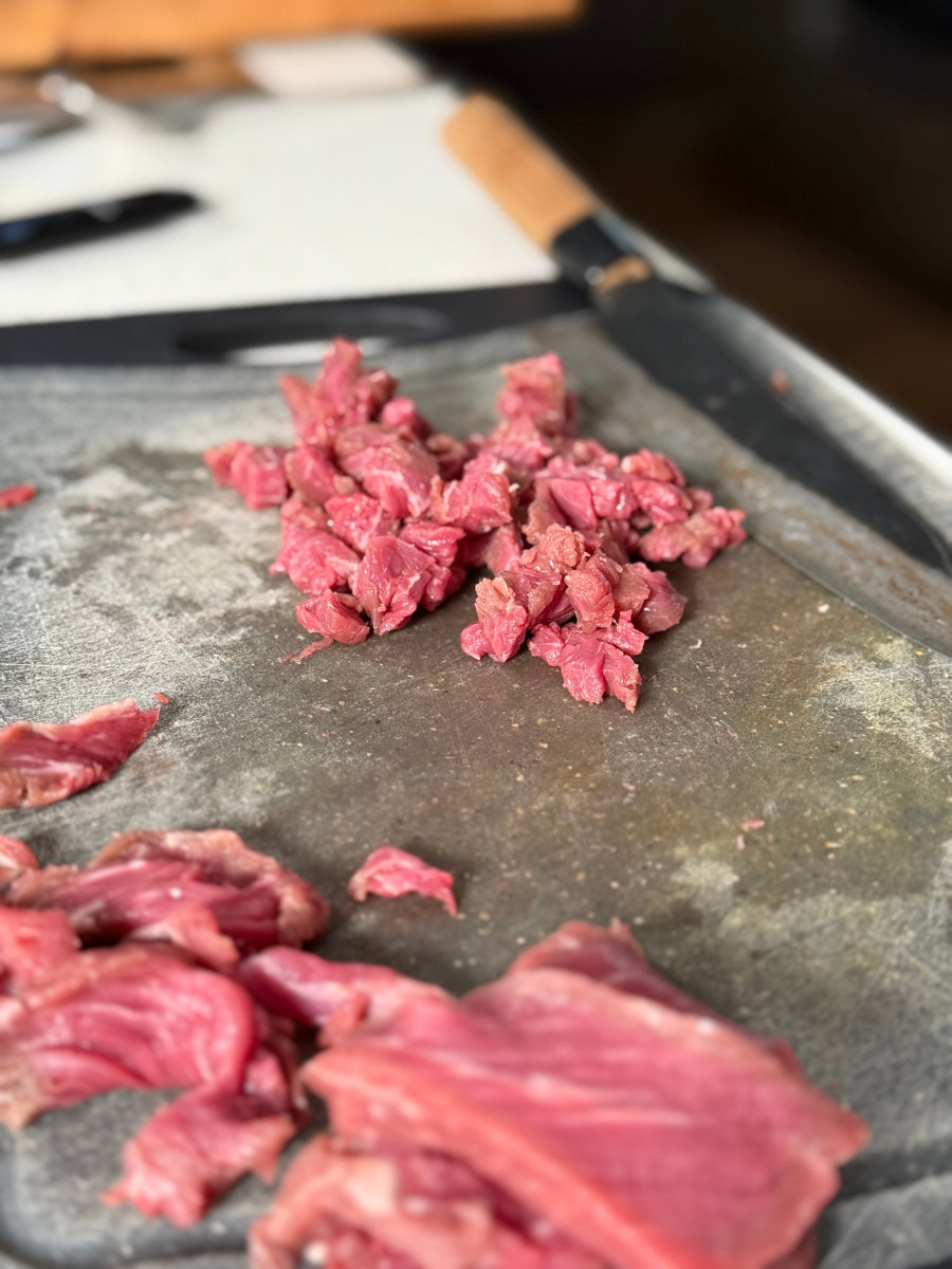 Image of Slice your chilled beef eye fillet into small dices approximately...